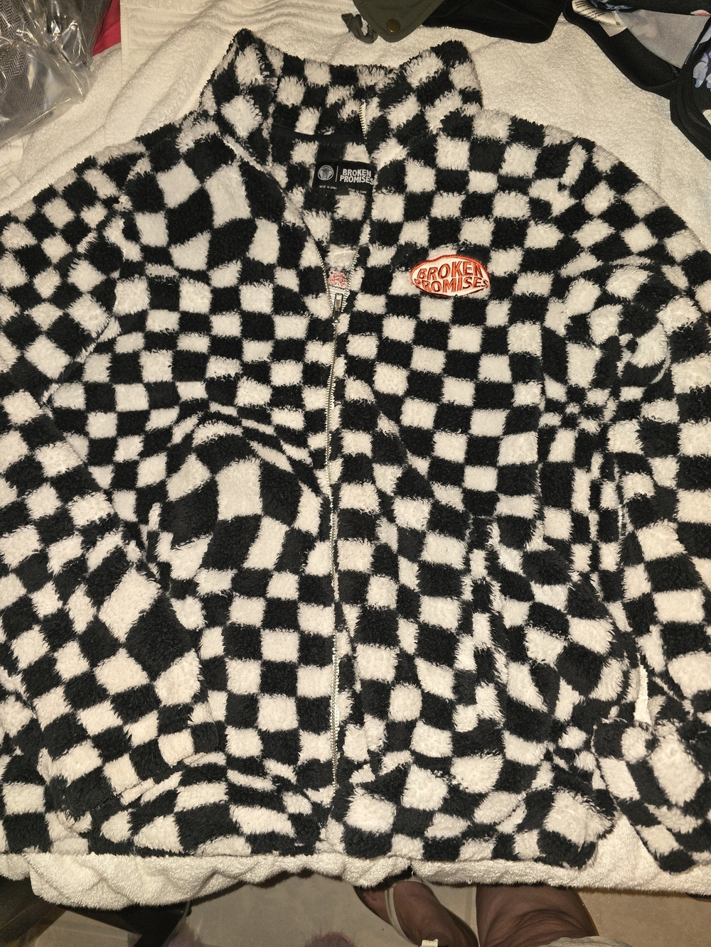 Broken Promises Black & White Checkered Teddy Jacket Size L